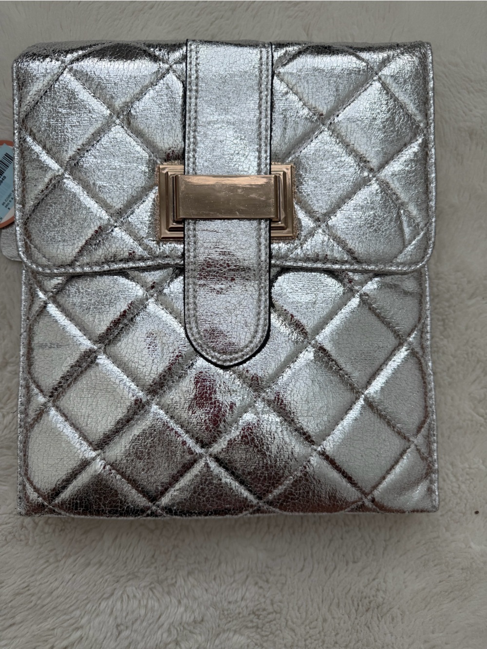 Quilted Metallic Silver Wristlet Clutch with Gold-Tone Accent